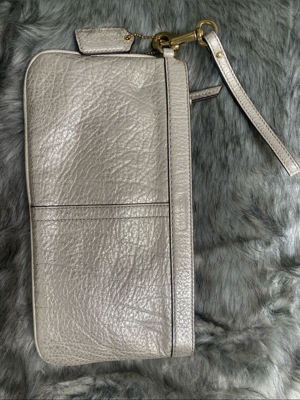 Coach Metallic Silver Leather Wristlet Clutch with Wrist Strap